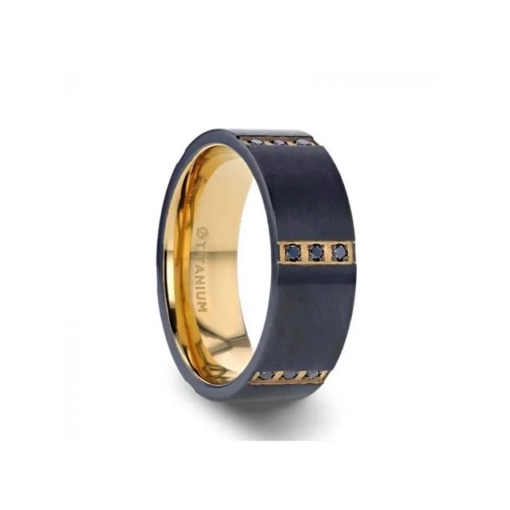 Men’s Wedding Band 8mm Thorsten Muramasa Flat Brushed Black Titanium with 6 Gold